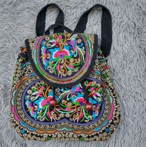 Oriental Thai Print Embroidered Bucket Bag Backpack